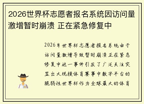 2026世界杯志愿者报名系统因访问量激增暂时崩溃 正在紧急修复中 2026世界杯志愿者报名系统因访问量激增暂时崩溃 正在紧急修复中