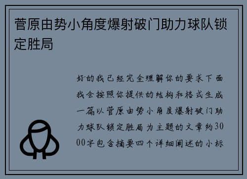 菅原由势小角度爆射破门助力球队锁定胜局 菅原由势小角度爆射破门助力球队锁定胜局
